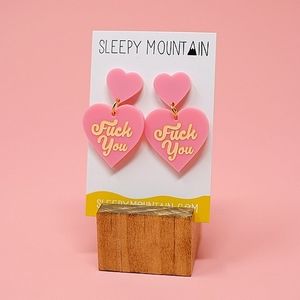 NWOT Sleepy Mountain F**k You Pink Heart Drop Earrings